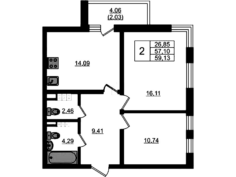 2-комнатная квартира 59.13 м², 4/4 эт., ЖК «Новая история»
